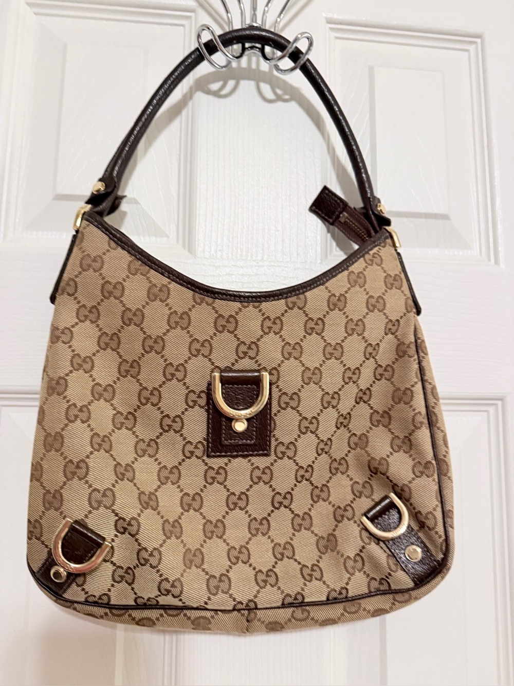 Gucci Beige Brown  Abbey  Canvas Shoulder Bag with Dark Trim
